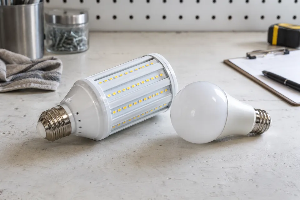 Illustrative LED corn bulb and standard LED bulb on a workbench