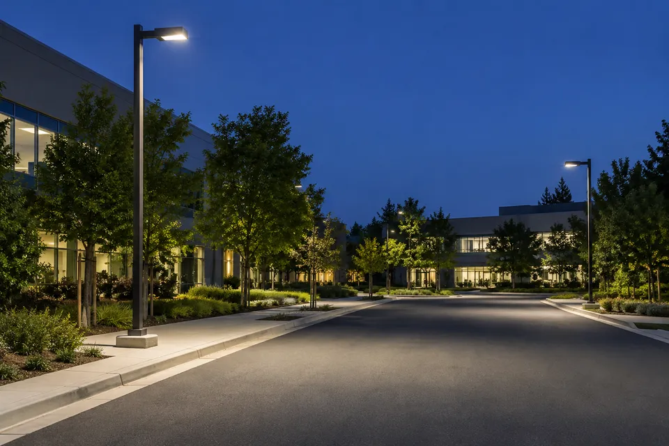 Pole-mounted lighting beside a commercial access road