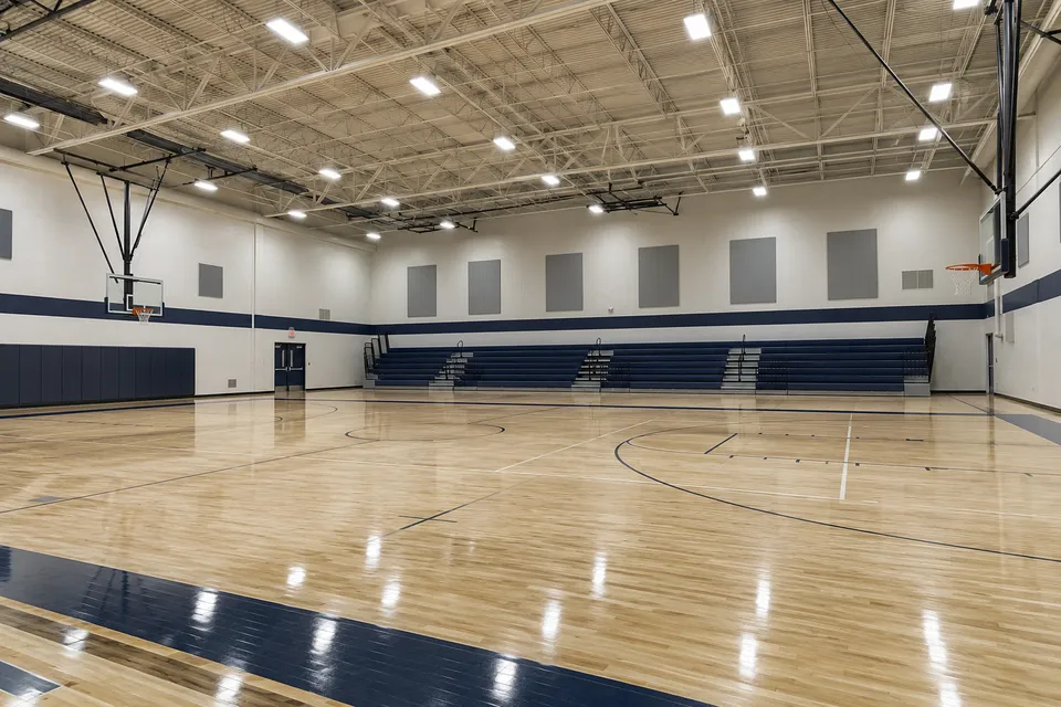 Indoor basketball gym illuminated by overhead sports lighting