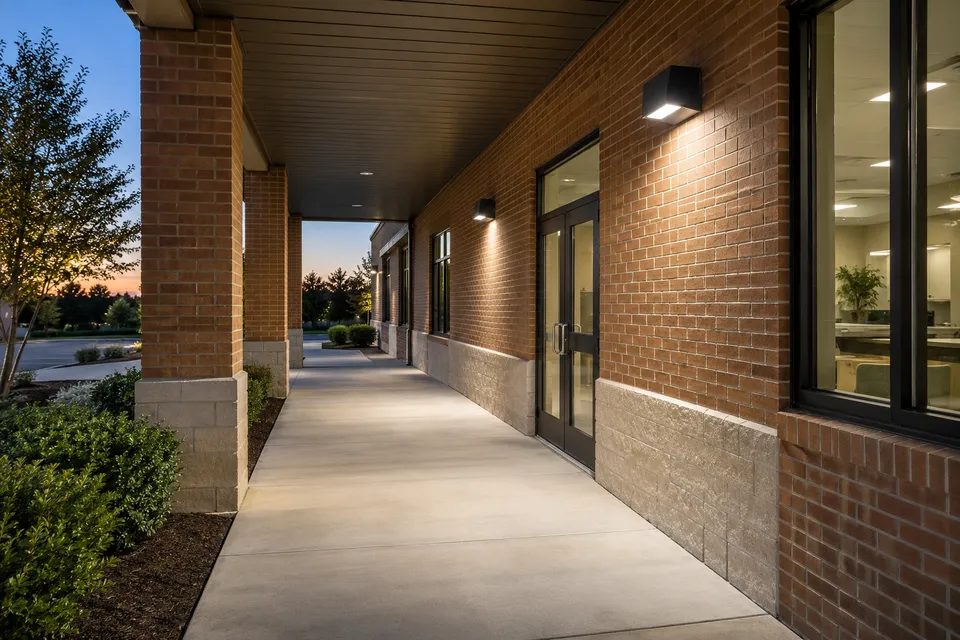 Wall-mounted fixtures illuminating a covered commercial walkway